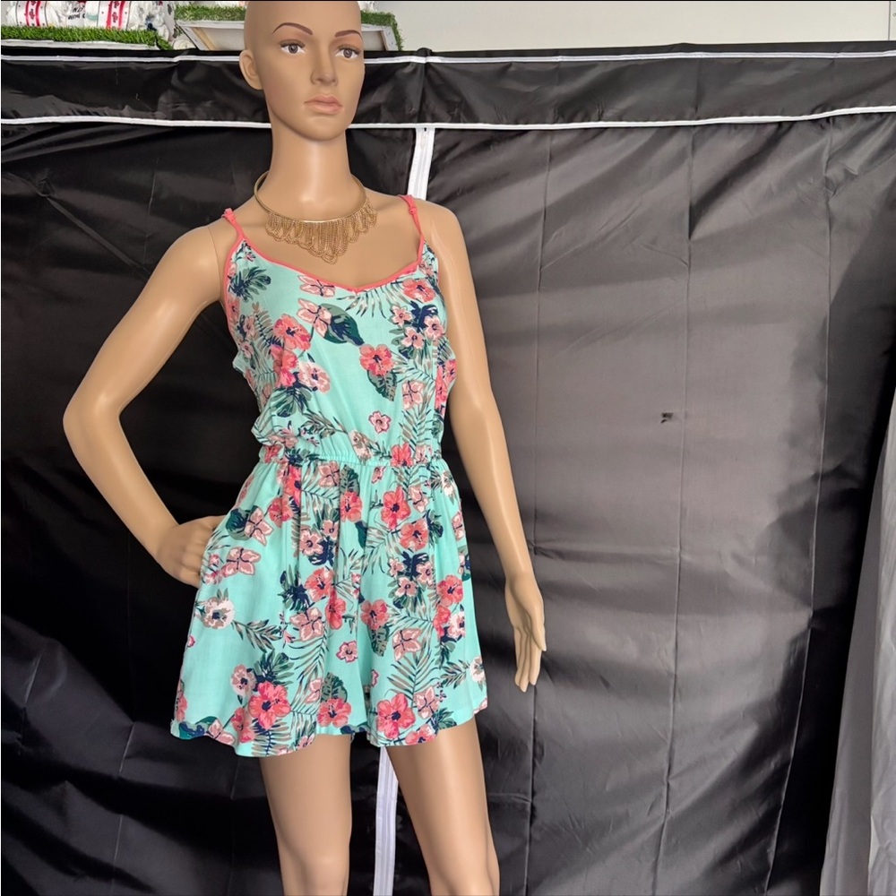 Ultra Flirt Green and Pink Floral Romper with Side Pockets